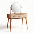 Wood dressing table with round mirror and three storage drawers 90 x 40 x 75cm