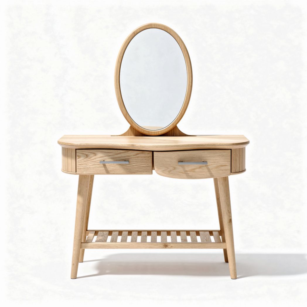 Wooden vanity table with mirror and two drawers 100 x 40 x 75cm natural finish