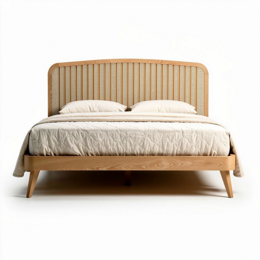 Wooden platform bed frame with upholstered headboard queen size 200 x 160 x 100cm