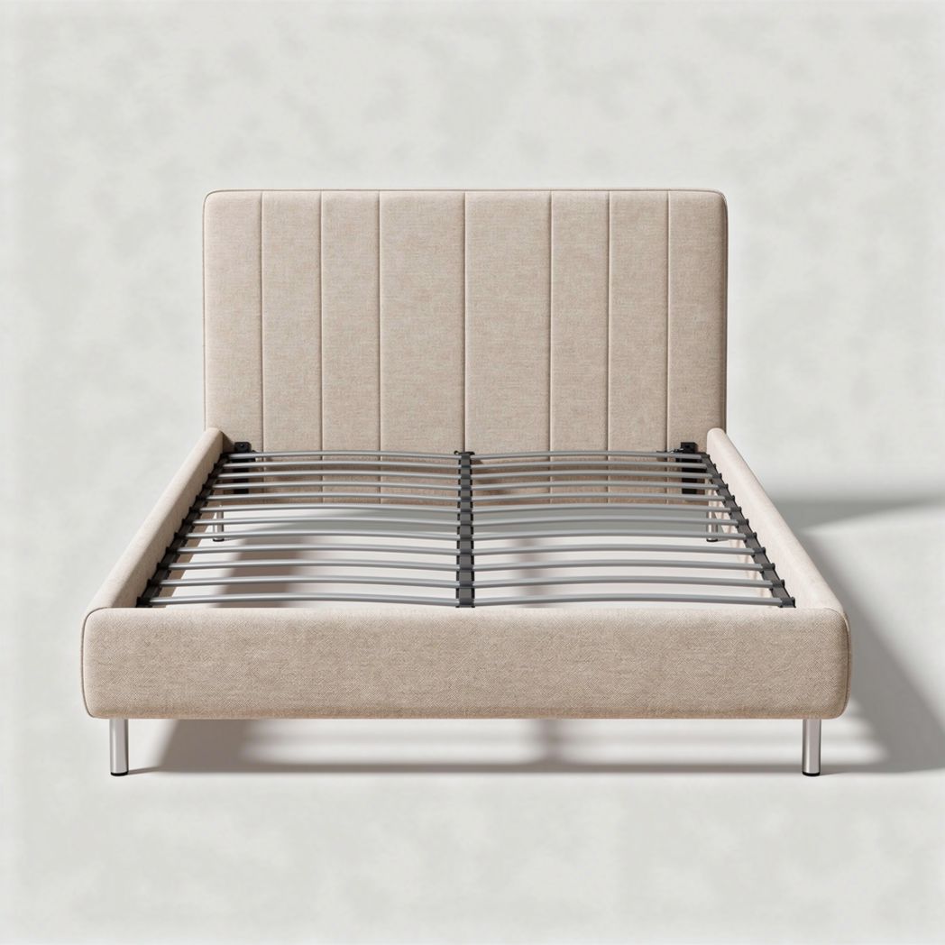 Fabric upholstered bed frame with metal slats in beige size 205 x 160 x 100cm