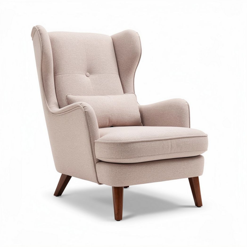 Wingback chair in light beige fabric with wooden legs 80 x 80 x 100cm