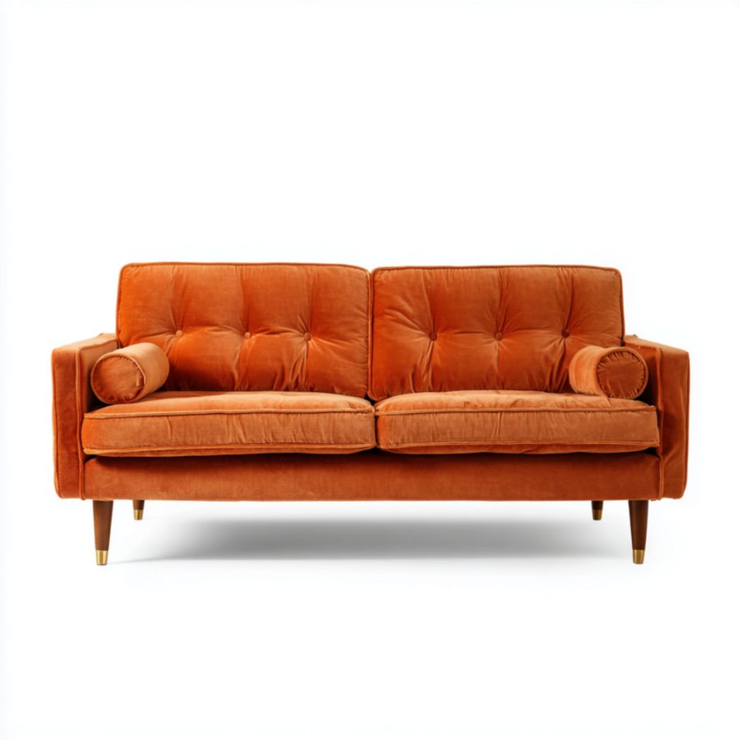 Green upholstered mid-century modern sofa with two accent pillows 180 x 80 x 70cm
