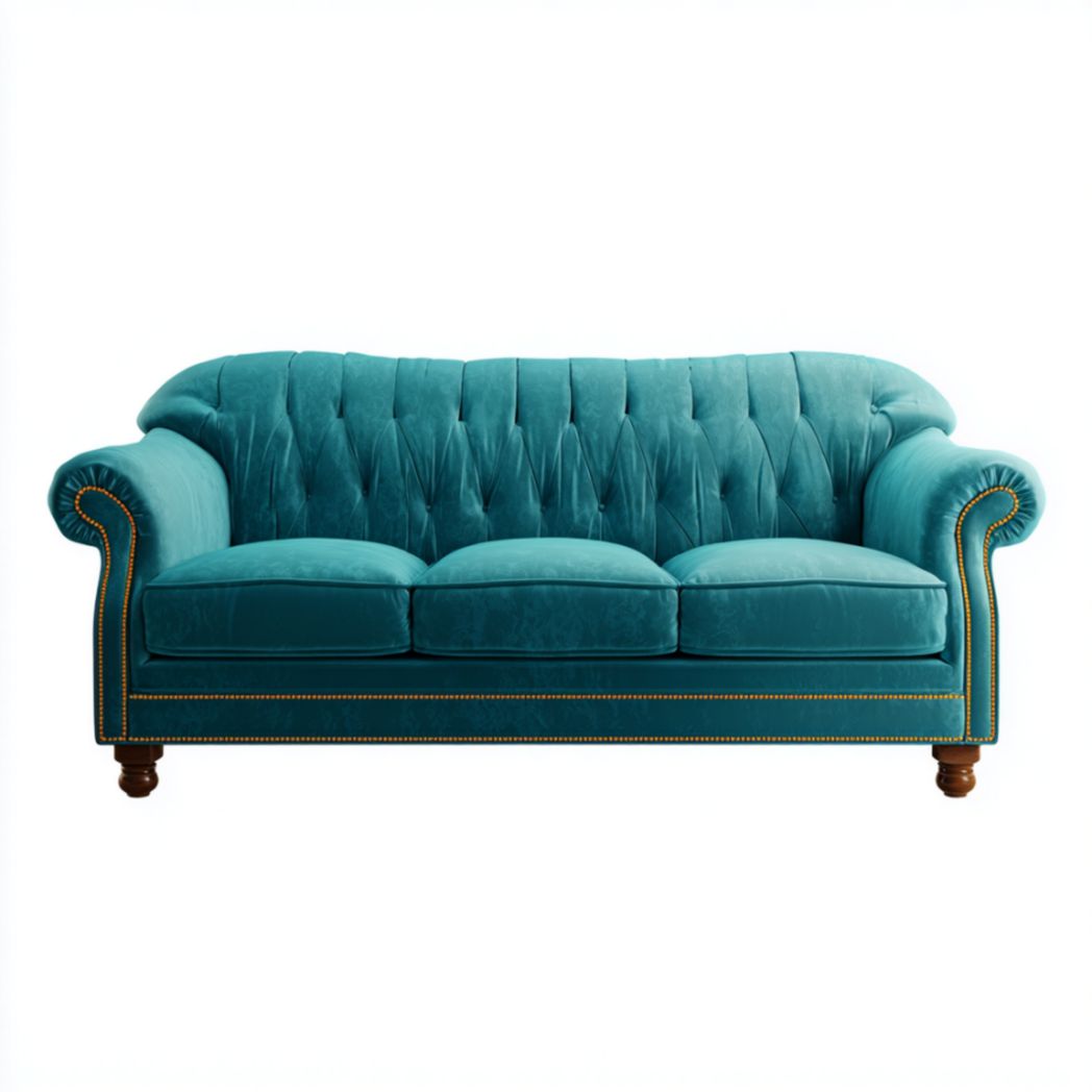 Leather three-seater sofa in tan color with ribbed design and metal legs