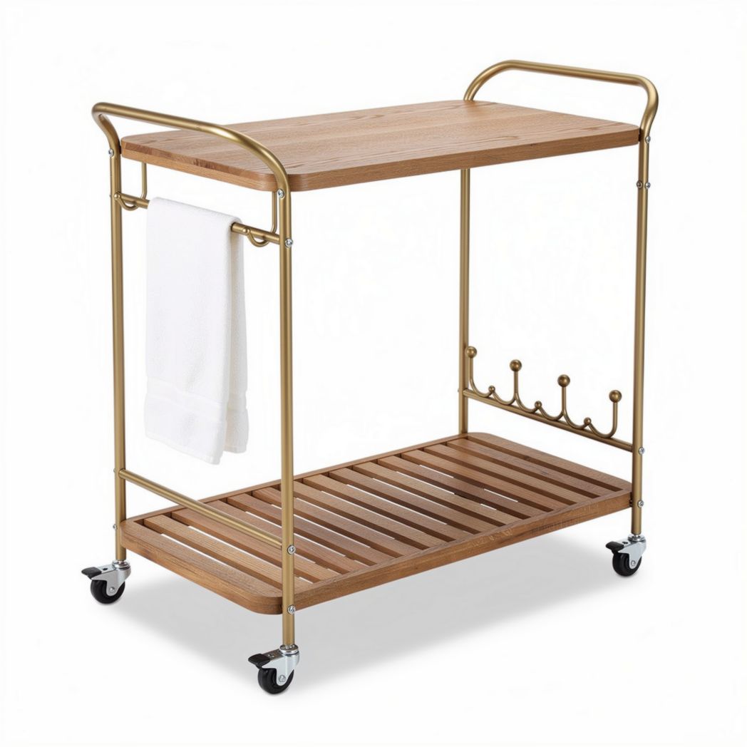 Bamboo serving cart with gold metal frame and towel rack 80 x 40 x 85cm
