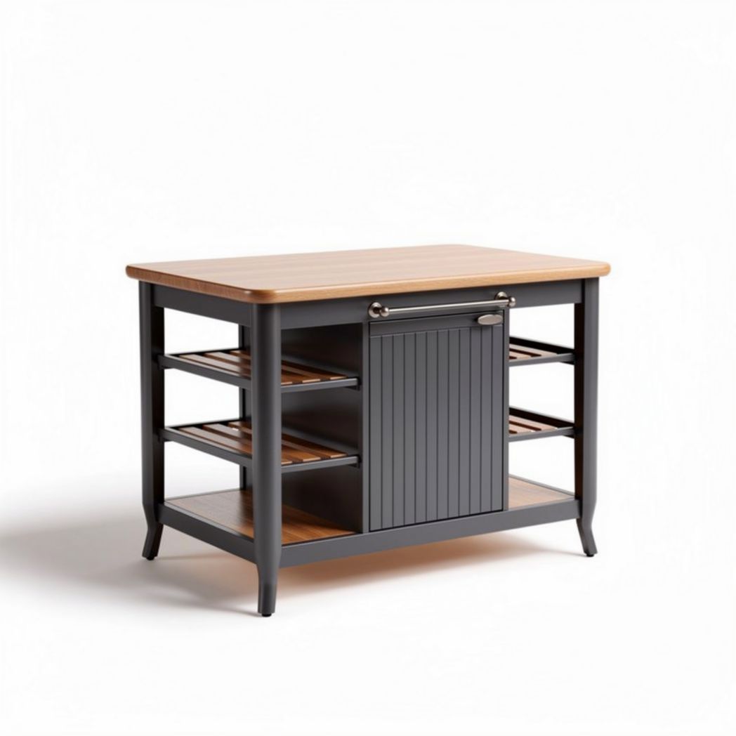 Wooden kitchen island with shelves and storage cabinet in black and natural finish measuring 90 x 60 x 85cm