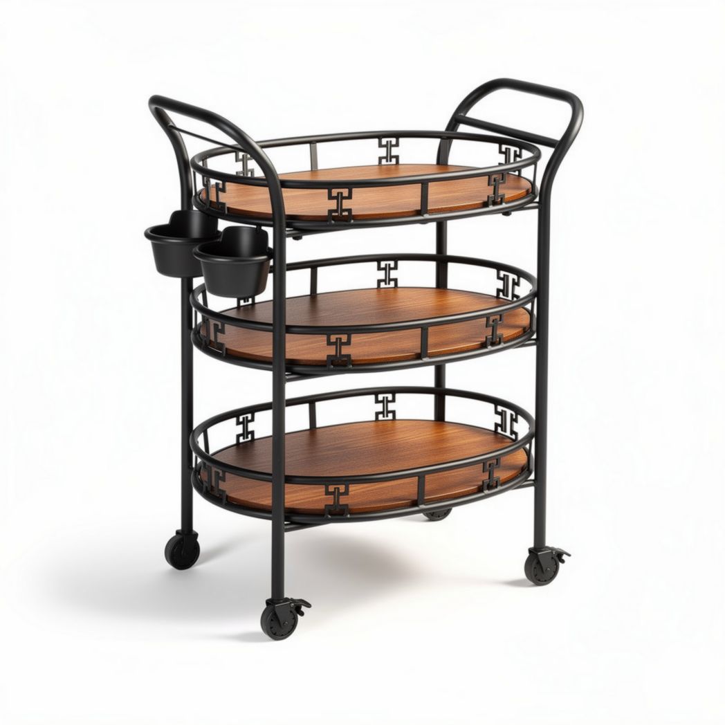 Rolling kitchen cart with wooden shelves and black metal frame 80 x 40 x 85cm