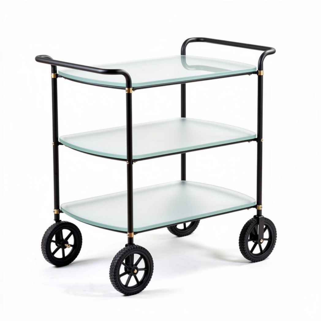 Glass serving cart with black metal frame and three shelves 80 x 40 x 80cm