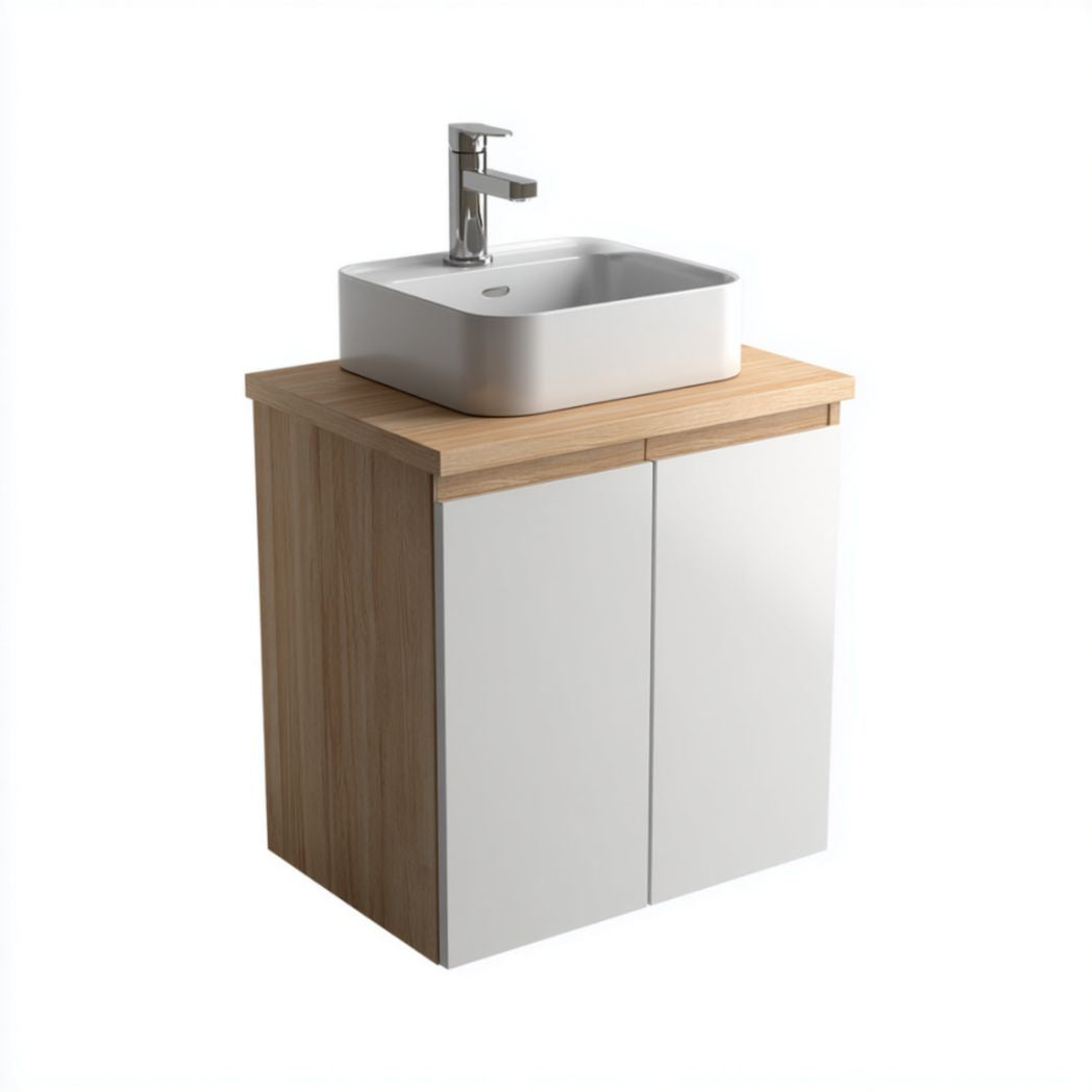 Wall-mounted bathroom vanity with ceramic sink in wood finish 60 x 45 x 50cm
