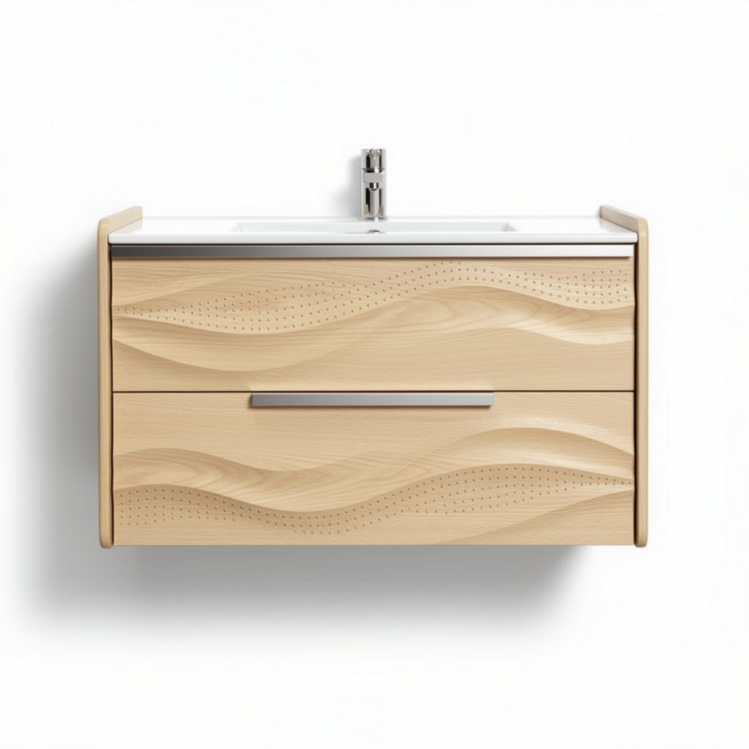 Wall-mounted bathroom vanity cabinet in light wood with two drawers and integrated sink 60 x 40 x 20cm
