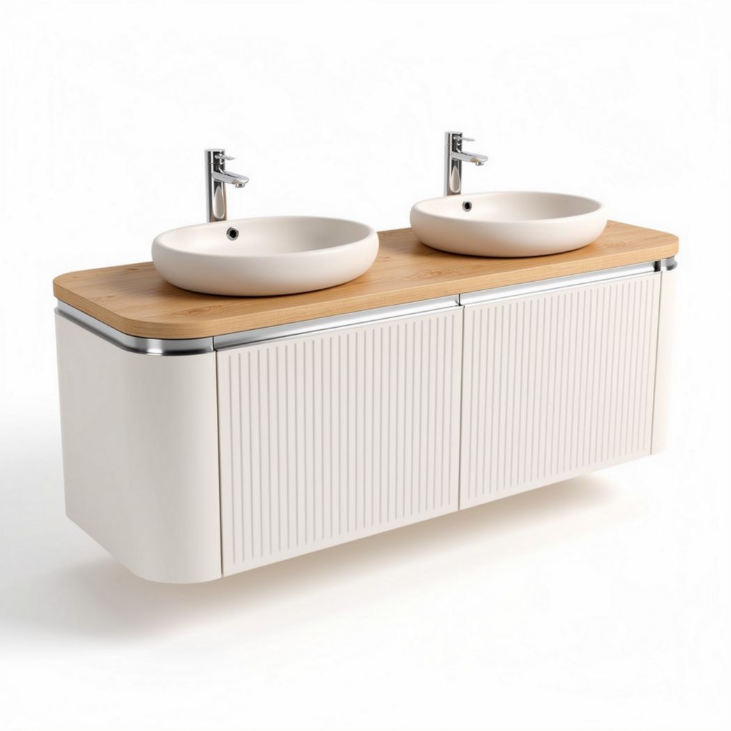Double sink vanity with oak wood top and white cabinet 150 x 45 x 60cm