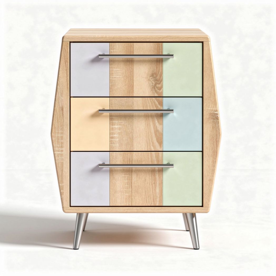 Modern wooden nightstand with three drawers in multi-color design 45 x 40 x 60cm
