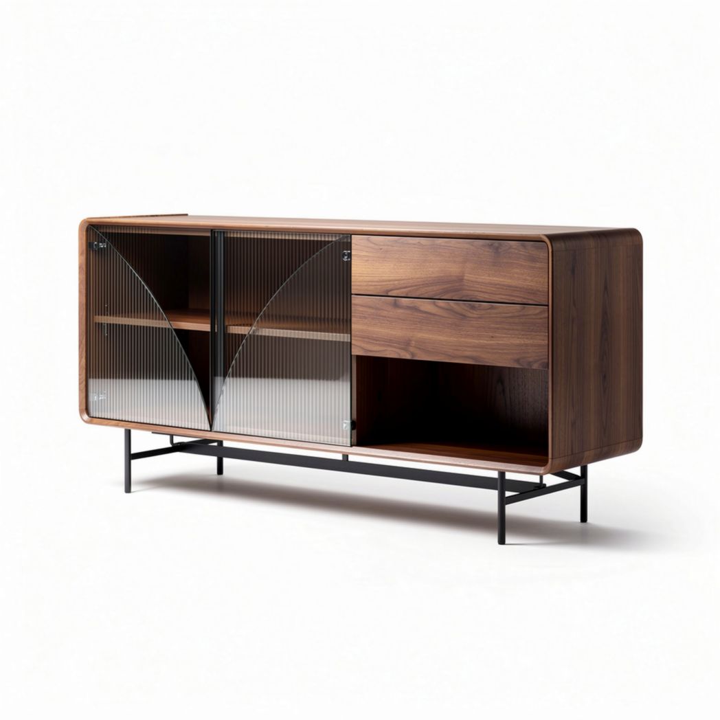 Walnut wood storage cabinet with glass doors for living room 150 x 45 x 75cm