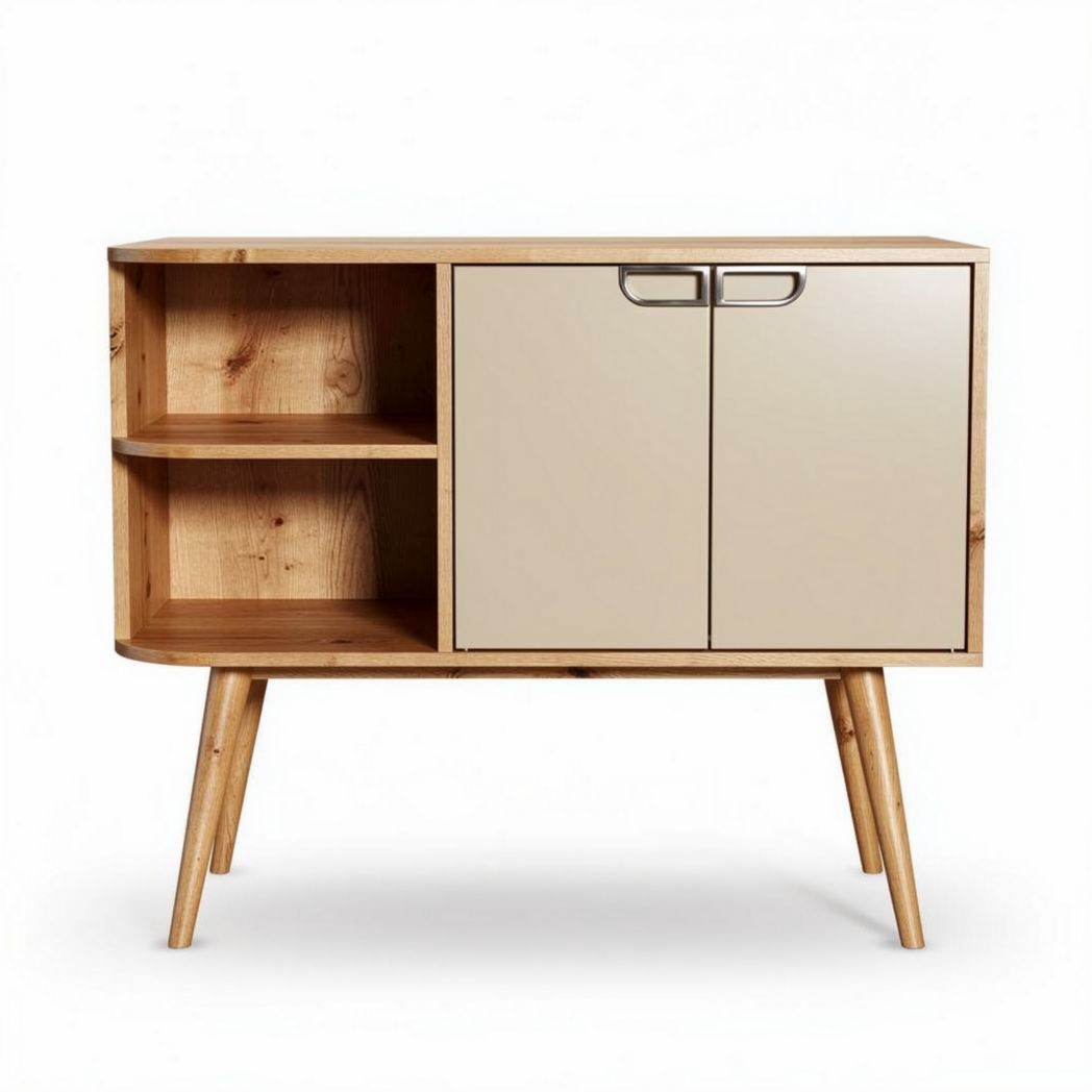 Wooden storage cabinet with beige doors and open shelving 80 x 40 x 75cm